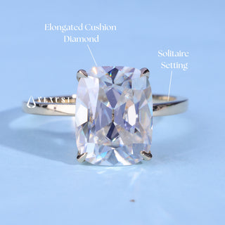 Elongated Cushion Cut Moissanite Engagement Ring with centre stone measurement details