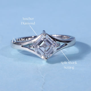 Asscher Cut Split Shank Moissanite Ring with centre stone measurement details