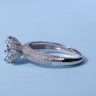 Four Row Pave Round Cut Moissanite Engagement Ring close-up of the centre stone