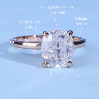 Cushion Cut Hidden Halo Moissanite Engagement Ring with centre stone measurement details