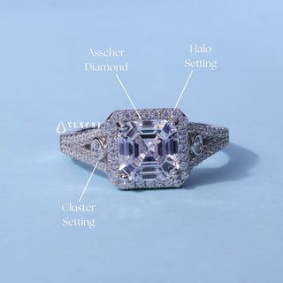 Dazzling Asscher Moissanite Split Shank Halo Engagement Ring band detail