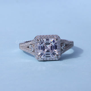 Dazzling Asscher Moissanite Split Shank Halo Engagement Ring front view
