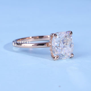 Front standing view of the Cushion Cut Hidden Halo Moissanite Engagement Ring showing the prong setting