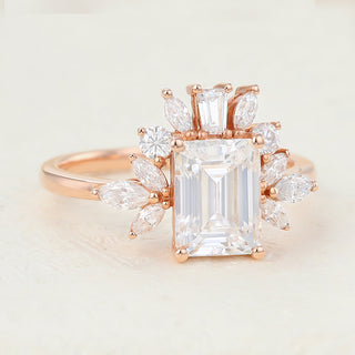 1.60 CT Emerald Brilliant Cluster Moissanite Engagement Ring close up