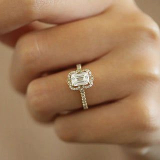 1.55CT Emerald Halo Pave Moissanite Diamond Engagement Ring