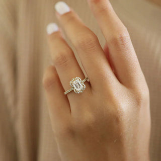 1.55CT Emerald Halo Pave Moissanite Diamond Engagement Ring