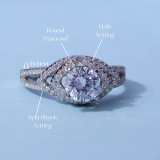 Round Cut Moissanite Split Shank Halo Engagement Ring band detail