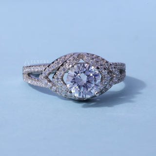 Round Cut Moissanite Split Shank Halo Engagement Ring front view
