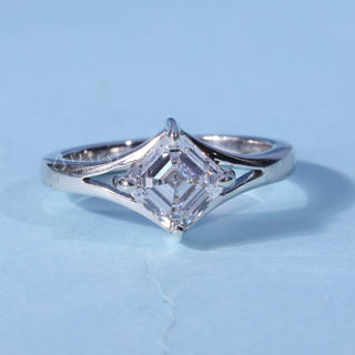 Asscher Cut Split Shank Moissanite Ring front view with upright centre stone