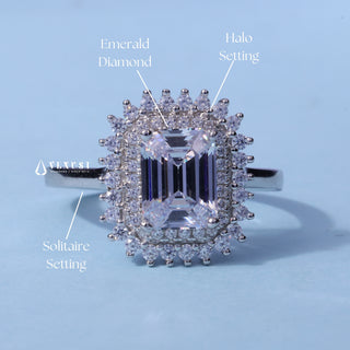 Halo Cluster Moissanite Emerald Cut Engagement Ring band detail