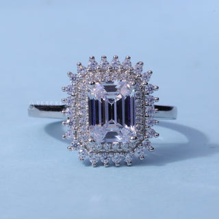 Halo Cluster Moissanite Emerald Cut Engagement Ring front view