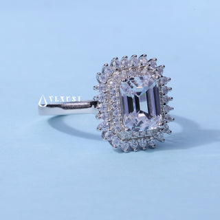 Halo Cluster Moissanite Emerald Cut Engagement Ring side view