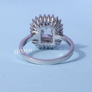 Halo Cluster Moissanite Emerald Cut Engagement Ring angled view