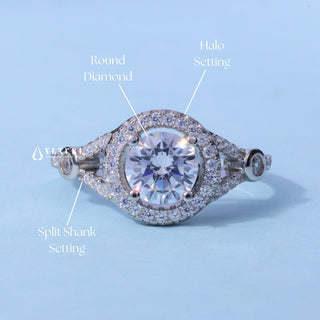 1.0 CT Round Cut Halo Sparkling Moissanite Engagement Ring angle view