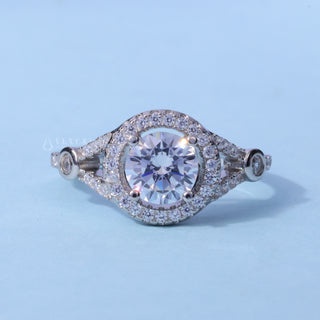 1.0 CT Round Cut Halo Sparkling Moissanite Engagement Ring front view