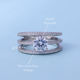 Three Row Pave Round Cut Moissanite Engagement Ring band detail