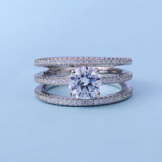 Three Row Pave Round Cut Moissanite Engagement Ring front view