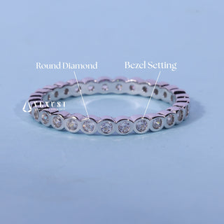 Chic round bezel moissanite wedding band close up of the setting