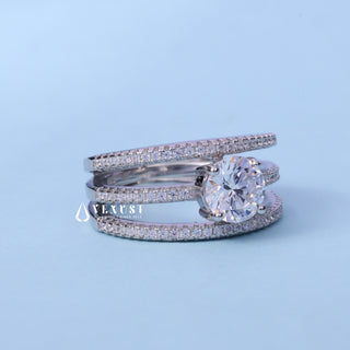 Three Row Pave Round Cut Moissanite Engagement Ring close-up of the centre stone