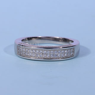 Bold round pave moissanite wedding band front view