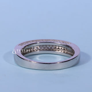 Bold round pave moissanite wedding band side profile view