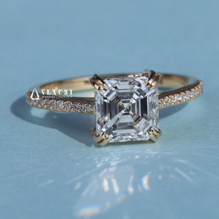 1.50CT Asscher Cut Moissanite Diamond Cathedral Pave Engagement Ring