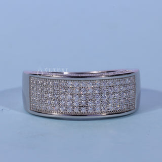 Delicate round pave moissanite wedding band front view