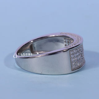 Delicate round pave moissanite wedding band angled view showing its sparkle