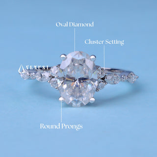 Luminous 1.50ct oval cluster moissanite ring shown on a finger