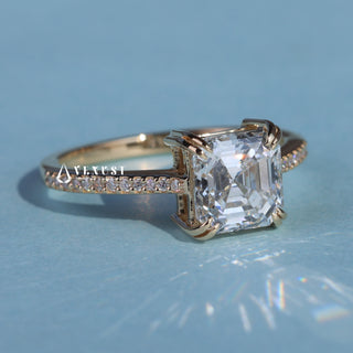1.50CT Asscher Cut Moissanite Diamond Cathedral Pave Engagement Ring