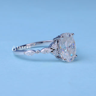 Luminous 1.50ct oval cluster moissanite ring angled view showing its sparkle