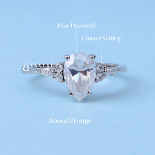 Radiant 1.0ct pear cluster moissanite ring shown on a finger