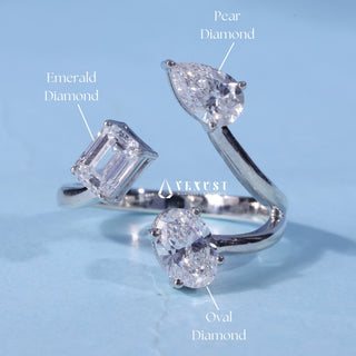 Emerald Oval Pear Three Stone Moissanite Engagement Ring with centre stone measurement details