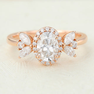 0.84 CT Oval Cut Cluster Classic Moissanite Engagement Ring front view