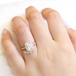 Modern 1.60ct emerald halo moissanite ring front view