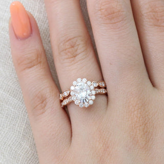 Sparkling 1.50ct oval halo moissanite ring three quarter angled view