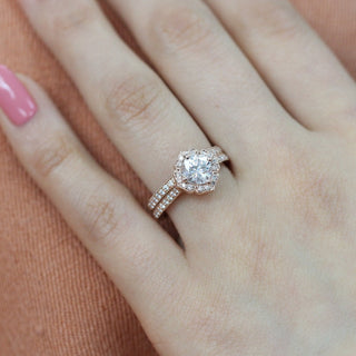 1.0CT Floral Cushion Cut Moissanite Halo Bridal Engagement Ring Set