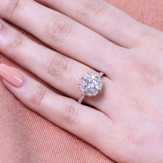 Shimmering 2.30ct cushion halo moissanite ring angled view showing its sparkle