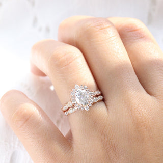 1.50CT Oval Cut  Moissanite Halo Pave Bridal Engagement Ring Set