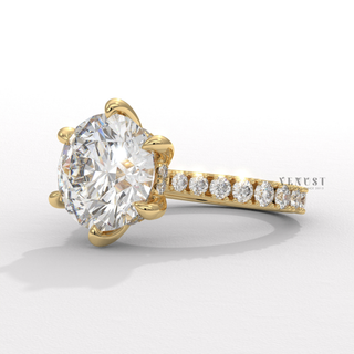 Round cut moissanite diamond ring close up  Round Cathedral Halo detail view 4
