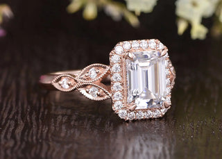 Modern 1.0ct emerald halo moissanite ring side profile view