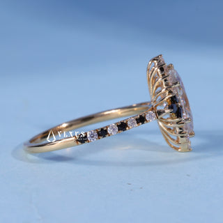 Marquise Cut Moissanite Vintage Cluster Engagement Ring resting on its side showing the slim band