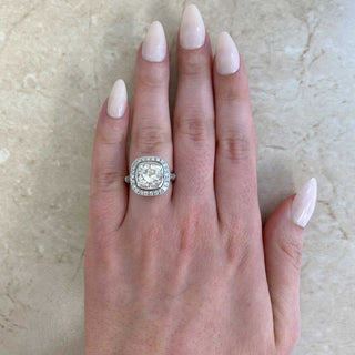 halo moissanite ring cushion hand view