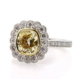Old mine cushion halo pave moissanite bridal ring side detail view