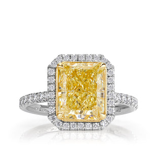 Yellow radiant moissanite halo ring front view