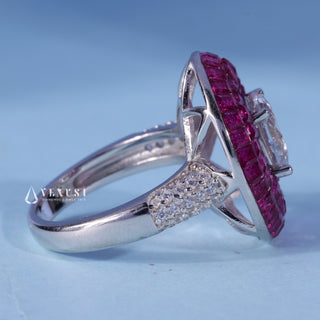 Oval Cut Moissanite Halo Engagement Ring resting on its side showing the slim band