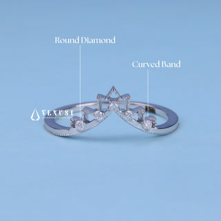 Modern round moissanite wedding band shown on a finger
