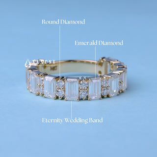 Emerald & Round Moissanite Diamond 3/4 Eternity Wedding Bands His And Hers