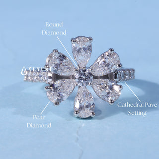 Round Pear Moissanite Flower Cluster Engagement Ring with centre stone measurement details