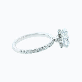 Delicate 2.50ct oval hidden halo moissanite ring close up of the setting